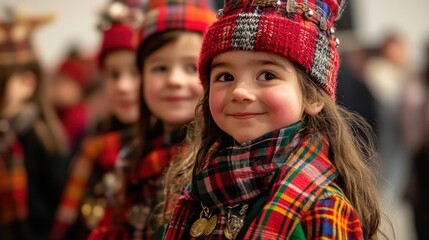 Fototapeta premium Children in festive plaid attire during cultural winter celebration First-Foot Day