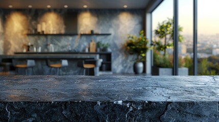 Black stone table top, blurred bokeh office interior space, vibrant and detailed, modern and elegant, display or montage product illustration, AI Generative