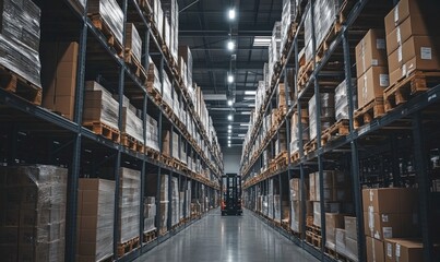 Fototapeta premium Forklift Navigates Rows of Cardboard Boxes in a Large Warehouse