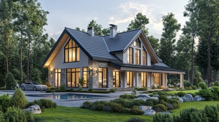 Naklejka premium 3D rendering of a modern cozy house with a pool and parking, showcasing luxurious style. Beautiful landscaping surrounds it under a clear summer evening sky, with soft light glowing from the windows. 