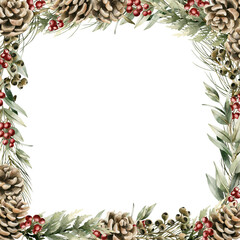 Christmas Frame with pine cones, red berries, pine, cedar and eucalyptus branches. Watercolor floral illustration