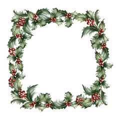 Holly Berry Branches with red berries. Frame with traditional Christmas plant. Watercolor floral isolated illustration