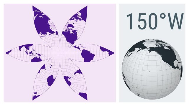 World Map Animation. The U.S.-centric Gingery world projection. Solid color style. Animated world map in Gingery projection. Loopable animation showing longitude shift and matching globe.