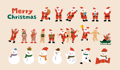 Collection of Santa Claus, gingerbread, reindeer and snowman illustrations for Christmas design