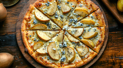 Gourmet pizza with pear slices and blue cheese on a wooden table