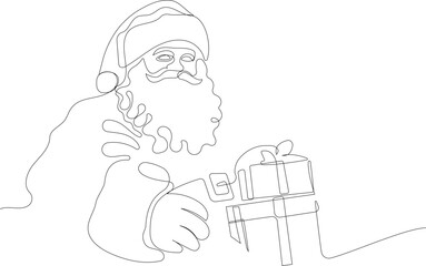 Outlined Cute Santa Claus Cartoon Character With A Sack Full Of Gifts. Vector Hand Drawn Illustration. One continuous line drawing Santa Claus on reindeer and sled. concept for Christmas and New Year