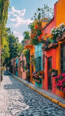 Fototapeta premium Vibrant Cobblestone Street with Colorful Buildings