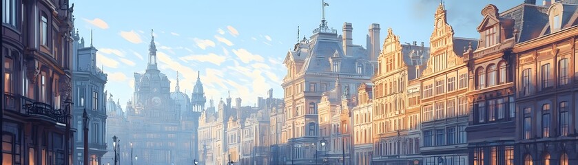 Naklejka premium A Row of Historic European Buildings with a Blue Sky and White Clouds