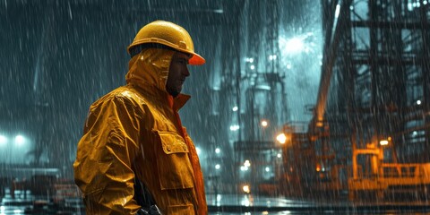 A male worker in a yellow raincoat stands in pouring rain on an industrial site at night.
