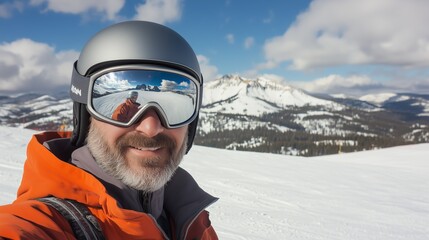 Bearded man in orange jacket takes selfie on snowy mountain, ski goggles reflecting stunning winter landscape and blue sky.