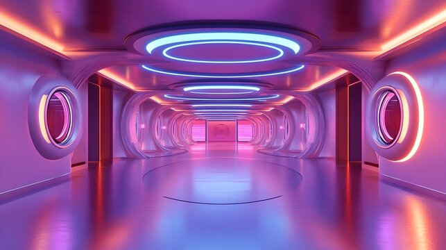 Futuristic Quantum Neural Network Training Facility with Neon Lit Interiors and Advanced Systems