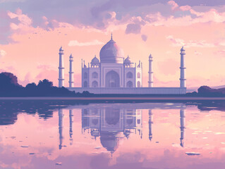 Fototapeta premium India, aesthetic anime style background of the Taj Mahal in India in pastel colors, reflecting on calm waters, surrounded by soft pink and peach tones at sunrise, creating a dreamy atmosphere.
