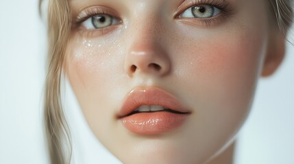 Fototapeta premium A close-up picture shows a young woman with flawless skin and soft pink lips. The background is light and simple.