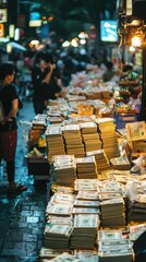 Bustling Urban Street Scene with Cash Stacks