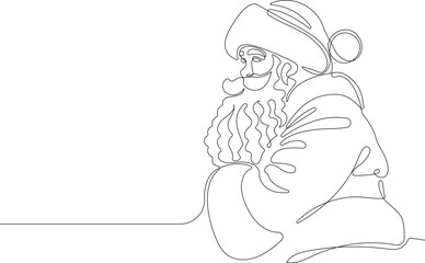 Outlined Cute Santa Claus Cartoon Character With A Sack Full Of Gifts. Vector Hand Drawn Illustration. One continuous line drawing Santa Claus on reindeer and sled. concept for Christmas and New Year