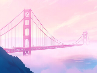 Fototapeta premium USA, aesthetic anime style wallpaper of the Golden Gate Bridge in San Francisco in California in soft pastel colors, pink sky with gentle fog, and serene bay waters in light blue and lavender tones.