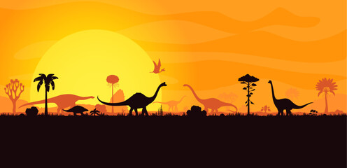 Dinosaurs silhouettes in sunset landscape of Jurassic era forest, vector background. Prehistoric giant lizards, dino pterodactyls and reptiles silhouettes in jungle forest with sunset for paleontology © Vector Tradition