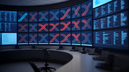 3D visualization of DNA structures displayed on multiple digital screens in modern control room, showcasing advanced technology and data analysis