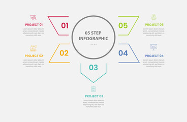 5 points template infographic outline style with 5 point step template with big circle and arrow spreading around for slide presentation