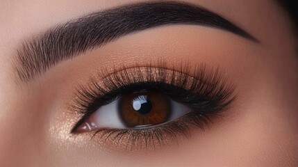 Obraz premium A close-up shot of a woman's eye with incredibly long fake eyelashes. The photo focuses on the eyelashes, highlighting their length and the beauty of makeup and cosmetics.