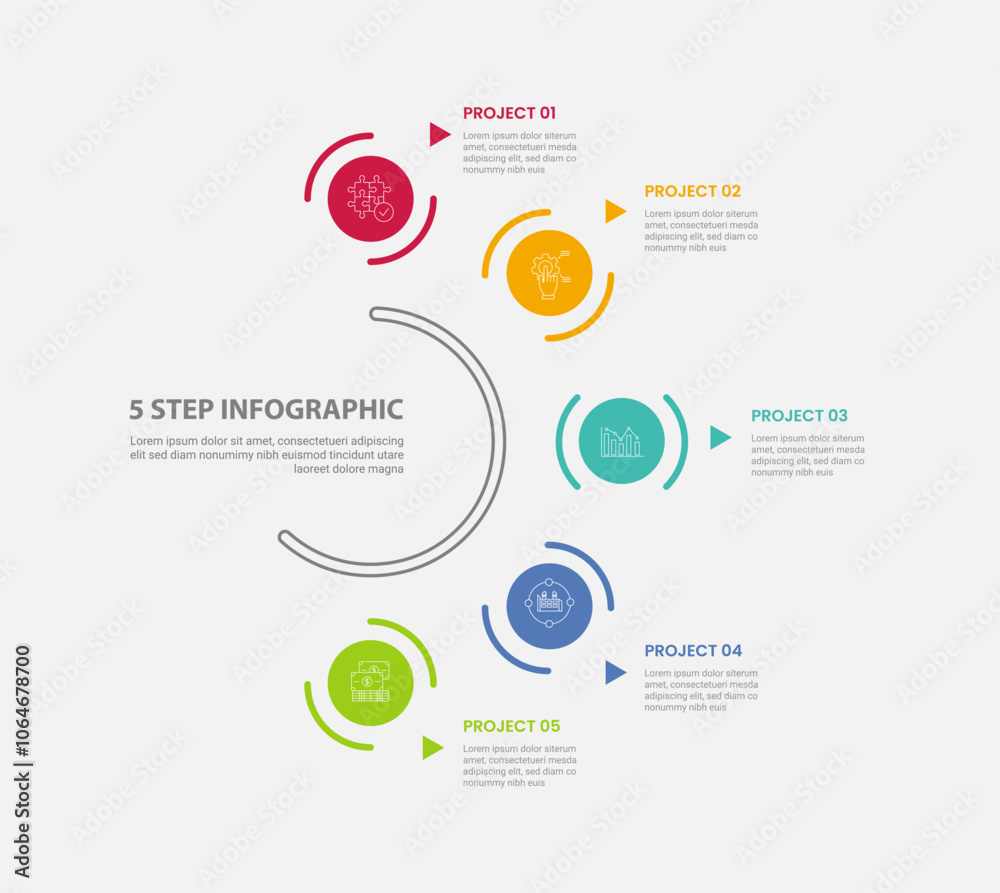 Aufkleber 5 points template infographic outline style with 5 point step template with circular object on half 