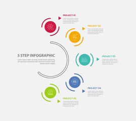 5 points template infographic outline style with 5 point step template with circular object on half circle base line for slide presentation