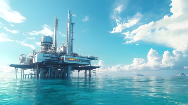 Massive Offshore Ocean Thermal Energy Conversion Plant Dominating Serene Tropical Seascape