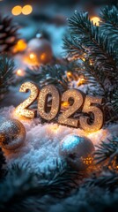 Glittering 2025 New Year Celebration with Snowy Pine Branches and Warm Lights