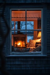 Warm and inviting scene of a glowing fireplace through a window, creating a cozy haven on a snowy winter evening.