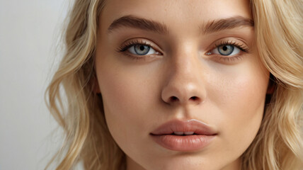 Obraz premium Close-up photo of beautiful blonde model with shiny perfect skin. Beauty makeup commercial cover