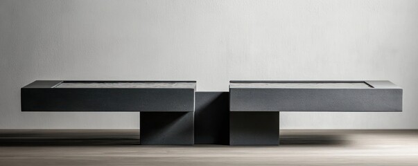 A minimalist coffee table design featuring sleek lines and a dual-level structure.