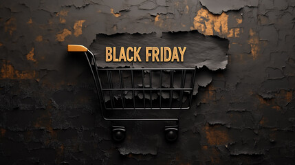 he word "Black Friday" is written on the background of an empty shopping cart in black and gold colors