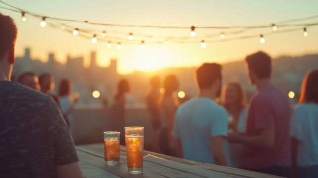 People socialize at a rooftop gathering during sunset with drinks on the table, creating a relaxed evening atmosphere