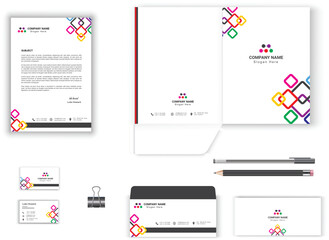 stationery set for business office vector design with letterhead, envelope, presentation folder, business card geometrical design stationary set