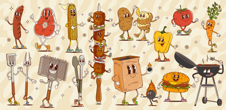 Retro cartoon groovy bbq barbeque characters with psychedelic grilled food and barbecue tools. Groovy vector personages of cute bbq meat, sausage, steak and vegetables, barbecue grate, charcoal grill