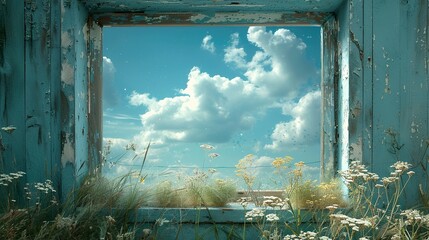 A Window to Tranquility: Blue Sky, Clouds, and Wildflowers