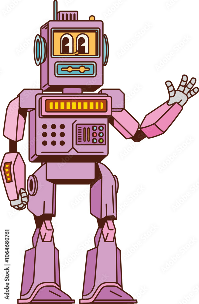 Poster cartoon retro groovy robot character with playful expression, antenna and friendly smile. vintage fu