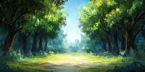 Woodland forest background banner, cartoon anime style graphic resource wide backdrop, empty space, trees wallpaper