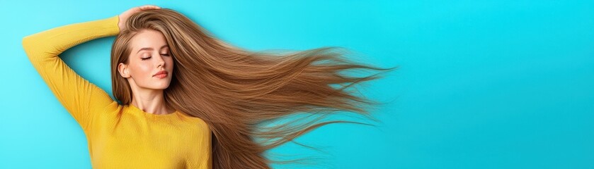 Naklejka premium A woman with long, flowing hair poses against a vibrant turquoise background, wearing a stylish yellow sweater and exuding confidence.