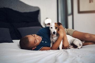 Dog, child and relax on bed for hug, training game and relationship development in home. Family...