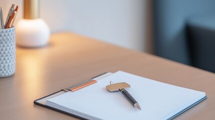 A tidy workspace featuring a clipboard, pen, and decorative planter with pencils in a modern office setting