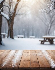 Snowfall landscape on empty wooden table background, for product placement and advertising, space for text