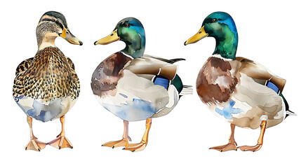 Obraz premium Duck watercolor illustration on white background. Hand drawn underwater elements