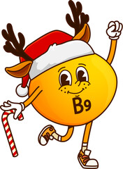 Christmas vitamin B9 cartoon groovy character in Santa hat and reindeer antlers, vector holiday emoji. Funny micronutrient or groovy vitamin B9 with happy face, deer antlers and Christmas candy cane