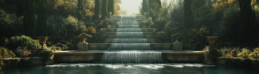 A serene waterfall cascading down steps amidst lush greenery and tranquil surroundings.