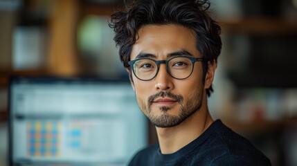 Obraz premium Chinese data analyst focuses on spreadsheets in a corporate office environment