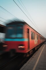 Obraz premium A vibrant red train speeds past the platform during dusk.