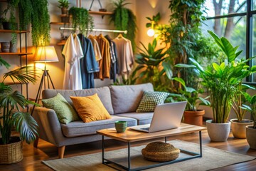 Cozy Home Interior Featuring a Laptop on a Sofa Surrounded by Indoor Plants and a Stylish Clothes Rack in a Warm and Inviting Living Space
