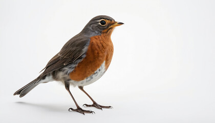 Fototapeta premium American Robin (Turdus migratorius) on clean grey background. Suitable for marketing or business purposes. Panoramic banner with place for text
