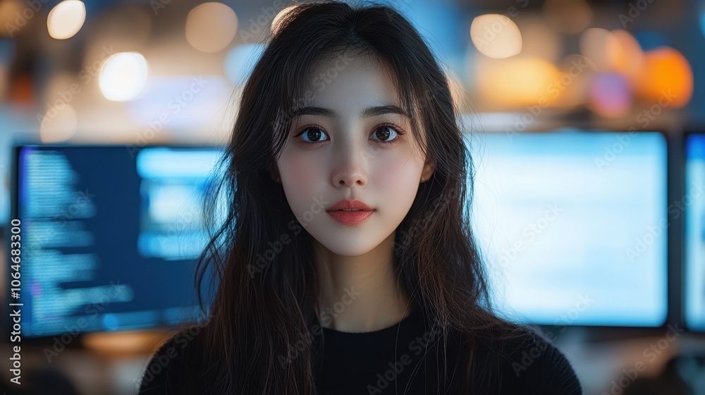 Poster dedicated chinese woman excels as a software developer in a dynamic coding environment